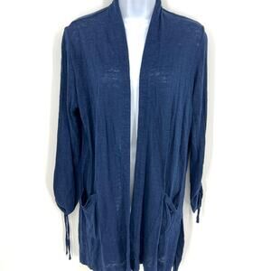 J. Jill Navy Linen Lightweight Cardigan Ruched Sleeve Size S